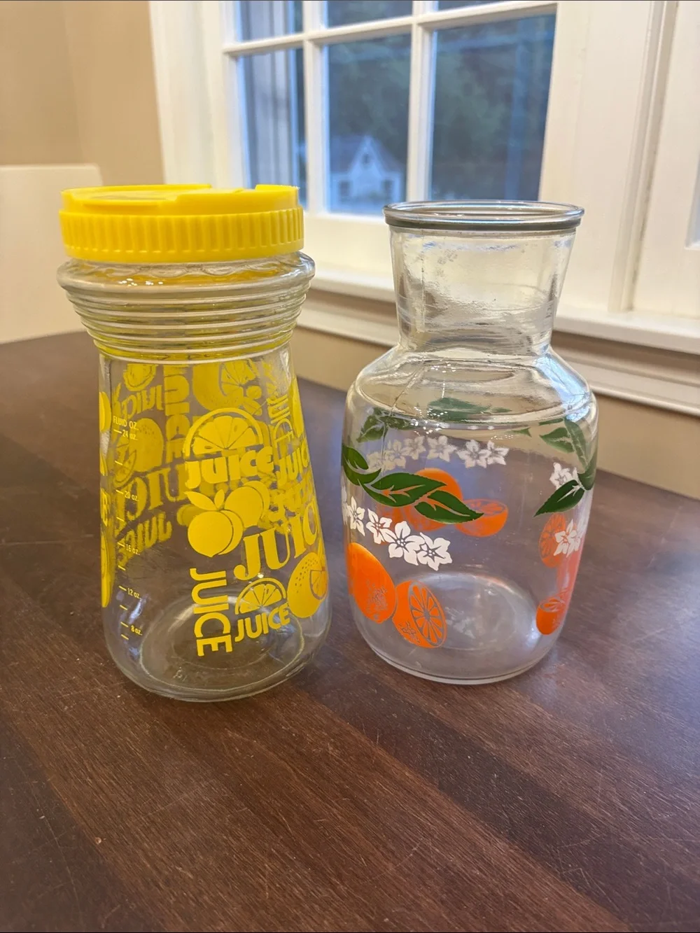 Anchor Hocking lemon and Orange Printed Glass Juice Bottles